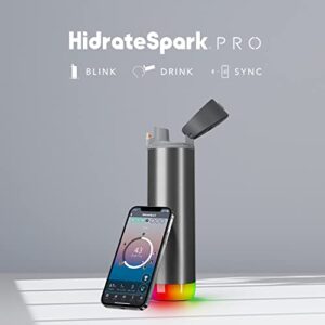 Hidrate Spark PRO Smart Water Bottle – Tracks Water Intake with Bluetooth, LED Glow Reminder When You Need to Drink – Chug Lid, 21oz, Brushed Steel