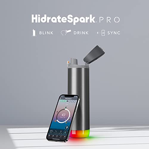 Hidrate Spark PRO Smart Water Bottle – Tracks Water Intake with Bluetooth, LED Glow Reminder When You Need to Drink – Chug Lid, 21oz, Brushed Steel