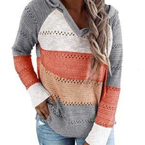 BLENCOT Women's Fall Hoodies Color Block Pullover Sweaters Warm Casual Loose Knitted Hooded Sweatshirts Tops Clothing Gray XL