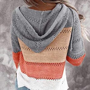 BLENCOT Women's Fall Hoodies Color Block Pullover Sweaters Warm Casual Loose Knitted Hooded Sweatshirts Tops Clothing Gray XL