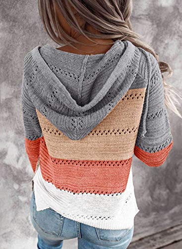 BLENCOT Women's Fall Hoodies Color Block Pullover Sweaters Warm Casual Loose Knitted Hooded Sweatshirts Tops Clothing Gray XL