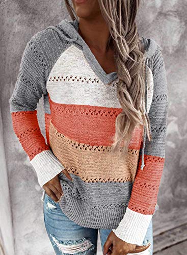 BLENCOT Women's Fall Hoodies Color Block Pullover Sweaters Warm Casual Loose Knitted Hooded Sweatshirts Tops Clothing Gray XL