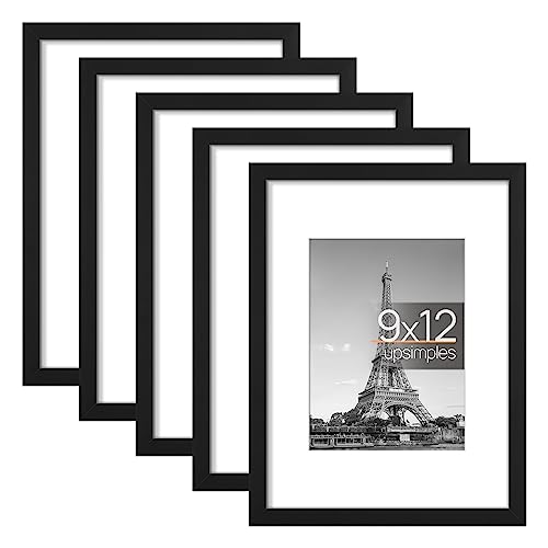 upsimples 9x12 Picture Frame Set of 5,Display Pictures 6x8 with Mat or 9x12 Without Mat,Wall Gallery Photo Frames, Black