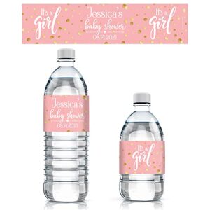 personalized pink and gold it’s a girl baby shower water bottle labels - 24 stickers
