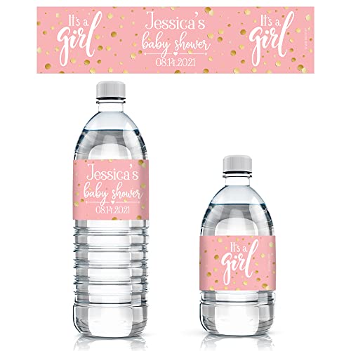 Personalized Pink and Gold It’s a Girl Baby Shower Water Bottle Labels - 24 Stickers