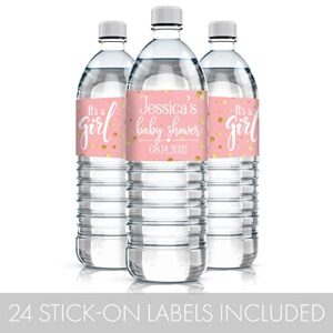 Personalized Pink and Gold It’s a Girl Baby Shower Water Bottle Labels - 24 Stickers