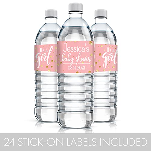 Personalized Pink and Gold It’s a Girl Baby Shower Water Bottle Labels - 24 Stickers