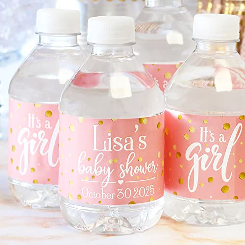 Personalized Pink and Gold It’s a Girl Baby Shower Water Bottle Labels - 24 Stickers