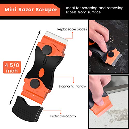 Razor Blade Scraper, 2 PCS Razor Scraper Tool for Removing Label, Registration Sticker, Tint, Grease from Windshield, Appliance, Glass (Extra 20 Metal and 10 Plastic Blades)