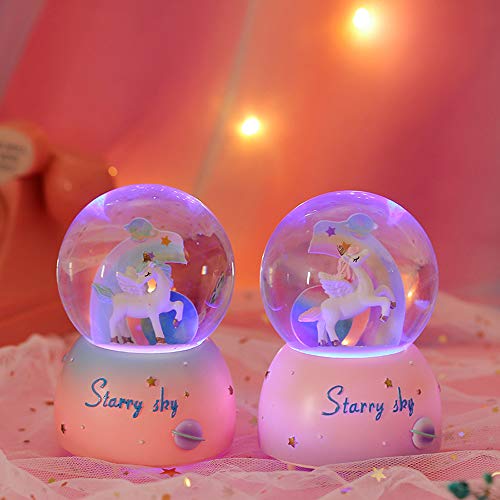 AVEKI Unicorn Snow Globe, 3.94 Inch Automatic Snowfall Musical Snow Globe with Lights Cute Rainbow Snow Lights for Kids Babies Birthday Christmas New Year Gifts(Blue)