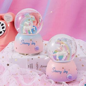 AVEKI Unicorn Snow Globe, 3.94 Inch Automatic Snowfall Musical Snow Globe with Lights Cute Rainbow Snow Lights for Kids Babies Birthday Christmas New Year Gifts(Blue)