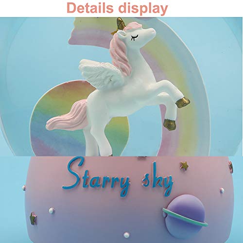 AVEKI Unicorn Snow Globe, 3.94 Inch Automatic Snowfall Musical Snow Globe with Lights Cute Rainbow Snow Lights for Kids Babies Birthday Christmas New Year Gifts(Blue)