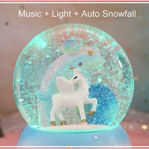 AVEKI Unicorn Snow Globe, 3.94 Inch Automatic Snowfall Musical Snow Globe with Lights Cute Rainbow Snow Lights for Kids Babies Birthday Christmas New Year Gifts(Blue)