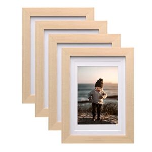 kinlink 5x7 picture frames natural wood frames with acrylic plexiglass for pictures 4x6 with mat or 5x7 without mat, tabletop and wall mounting display, set of 4