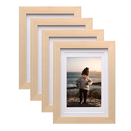 KINLINK 5x7 Picture Frames Natural Wood Frames with Acrylic Plexiglass for Pictures 4x6 with Mat or 5x7 without Mat, Tabletop and Wall Mounting Display, Set of 4