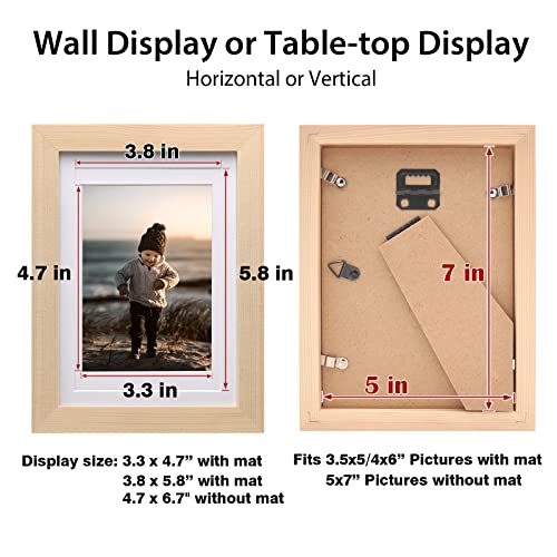 KINLINK 5x7 Picture Frames Natural Wood Frames with Acrylic Plexiglass for Pictures 4x6 with Mat or 5x7 without Mat, Tabletop and Wall Mounting Display, Set of 4