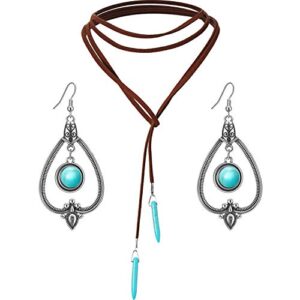 hicarer bohemian turquoise pendant long choker suede choker necklace with vintage turquoise statement dangle earrings for women
