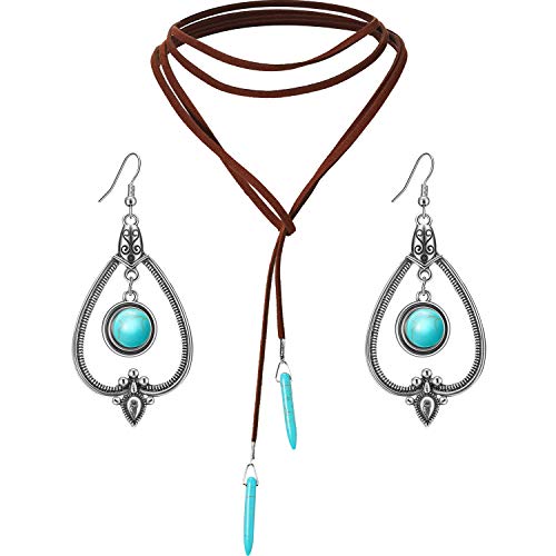 Hicarer Bohemian Turquoise Pendant Long Choker Suede Choker Necklace with Vintage Turquoise Statement Dangle Earrings for Women
