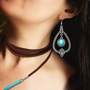 Hicarer Bohemian Turquoise Pendant Long Choker Suede Choker Necklace with Vintage Turquoise Statement Dangle Earrings for Women