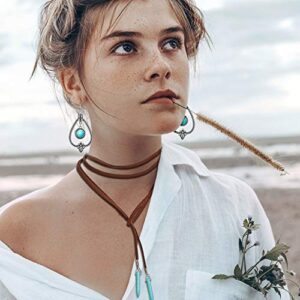 Hicarer Bohemian Turquoise Pendant Long Choker Suede Choker Necklace with Vintage Turquoise Statement Dangle Earrings for Women
