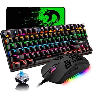 mechanical gaming keyboard and mouse combo,87 keys compact rainbow backlit keyboard,rgb backlit 6400 dpi lightweight gaming mouse with honeycomb shell for windows pc gamers