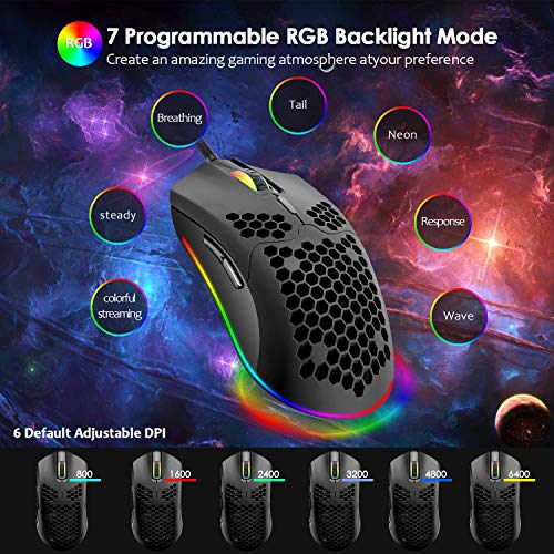 Mechanical Gaming Keyboard and Mouse Combo,87 Keys Compact Rainbow Backlit Keyboard,RGB Backlit 6400 DPI Lightweight Gaming Mouse with Honeycomb Shell for Windows PC Gamers