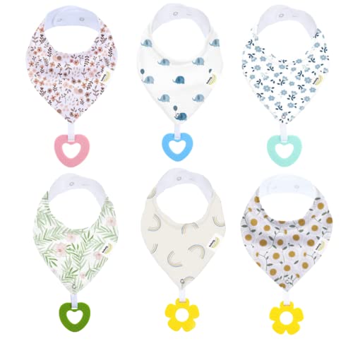 Bobaly Baby Infant Bandana Bibs with Teether (6-Pack Flower Set)