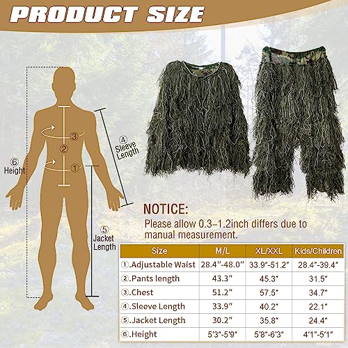 Ghillie Suit for Men, 5 in 1 Ghillie Suit Superior Camo Hunting Clothes for Men/Kids/Youth Hunters, Military, Sniper Airsoft and Paintball