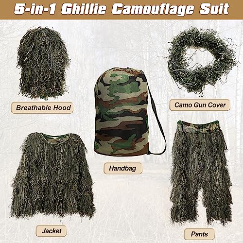 Ghillie Suit for Men, 5 in 1 Ghillie Suit Superior Camo Hunting Clothes for Men/Kids/Youth Hunters, Military, Sniper Airsoft and Paintball