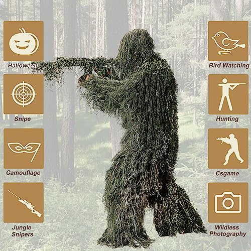 Ghillie Suit for Men, 5 in 1 Ghillie Suit Superior Camo Hunting Clothes for Men/Kids/Youth Hunters, Military, Sniper Airsoft and Paintball