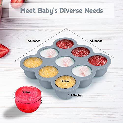 KingKam Baby Food Storage Container - 9x2.5oz Silicone Freezer Tray with Clip-on Lid - Oven & Dishwasher Safe - Easy-Out Portions, 100% Food Grade Safe