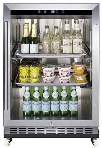 Summit Appliance SCR611GLOSRI Outdoor Mini Reach-In Commercial Beverage Center, Factory-installed Dolly, Glass Door, Weatherproof, Heavy-duty Tray Holders, Three Adjustable Chrome Shelves