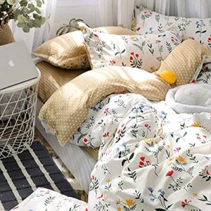 Erosebridal Boho Floral Bedding Set Yellow Flower Duvet Cover Blue Red Blossom Comforter Cover Botanical Country Garden Leaf Branch Quilt Cover for Kids Girls Women Room Decor Full Size,White Brown