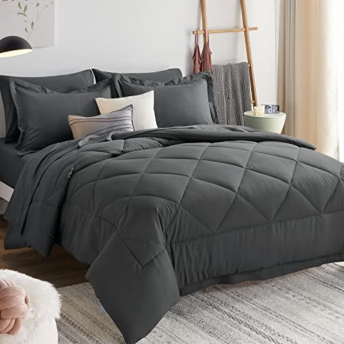 CozyLux King Bed in a Bag 7-Pieces Comforter Sets with Comforter and Sheets Dark Grey All Season Bedding Sets with Comforter, Pillow Shams, Flat Sheet, Fitted Sheet and Pillowcases