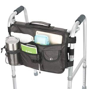 double sided walker bag, walker organizer pouch tote for rollator and folding walker (black)