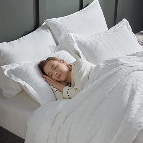 CozyLux King Comforter Set with Sheets White Seersucker Bed in a Bag 7-Pieces All Season Bedding Sets with Comforter, Pillow Sham, Flat Sheet, Fitted Sheet, Pillowcase