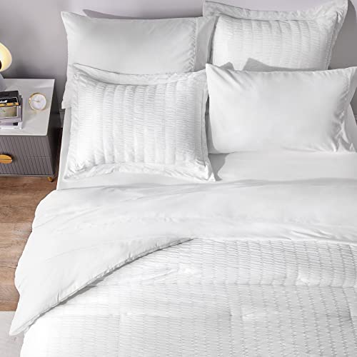 CozyLux King Comforter Set with Sheets White Seersucker Bed in a Bag 7-Pieces All Season Bedding Sets with Comforter, Pillow Sham, Flat Sheet, Fitted Sheet, Pillowcase