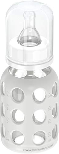 Lifefactory 4-Ounce BPA-Free Glass Baby Bottle with Stage 1 Nipple and Protective Silicone Sleeve, Stone Gray