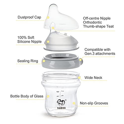 haakaa Gen.3 Natural Glass Baby Bottle 4.2oz/120ml - Wide Neck Anti-Colic Slow Flow Nipple for 0M+ Breastfed Baby, Newborn Registry Essentials,BPA-Free - 1 PK