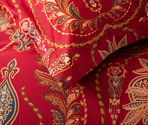 Italian Bohemian Paisley Duvet Cover 3pc Set Boho Bedding Boteh Damask Medallion 400TC Egyptian Cotton Sateen Luxury European Traditional Style Bed Linen (Red Teal, Queen)