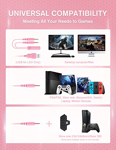 ZIUMIER Z30 Pink Gaming Headset for PS4, PS5, Xbox One, PC, Wired Over-Ear Headphone with Noise Canceling Microphone, LED Flowing RGB Light, 7.1 Surround Sound,Comfortable Earmuffs