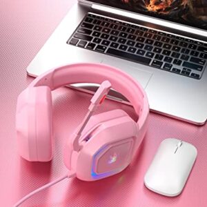 ZIUMIER Z30 Pink Gaming Headset for PS4, PS5, Xbox One, PC, Wired Over-Ear Headphone with Noise Canceling Microphone, LED Flowing RGB Light, 7.1 Surround Sound,Comfortable Earmuffs