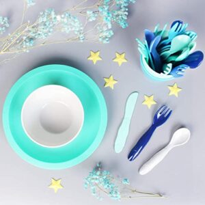 Youngever 54 pcs Plastic Kids Dinnerware Set of 9 in 9 Coastal Colors, Toddler Dining Set, Cups, Kids Plates, Kids Bowls, Flatware Set, Kids Dishes Set