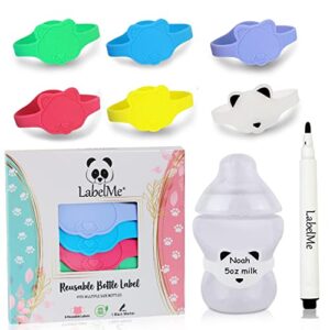 baby bottle labels for daycare –6 multi-colored unique panda-shaped reusable silicone name labels fit popular bottles and sippy cups – includes waterproof marker (standard - fits all other bottles)
