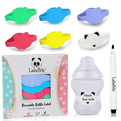 Baby Bottle Labels for Daycare –6 Multi-Colored Unique Panda-Shaped Reusable Silicone Name Labels Fit Popular Bottles and Sippy Cups – Includes Waterproof Marker (Standard - Fits All Other Bottles)