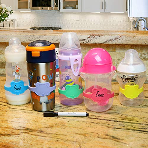 Baby Bottle Labels for Daycare –6 Multi-Colored Unique Panda-Shaped Reusable Silicone Name Labels Fit Popular Bottles and Sippy Cups – Includes Waterproof Marker (Standard - Fits All Other Bottles)