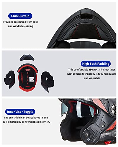 ILM Motorcycle Full Face Modular ATV Helmet Three in One Snowmobile Casco with Pinlock Anti Fog Visor for Men Women DOT Model-909F(Matte Black XXL)