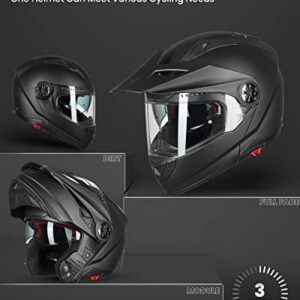 ILM Motorcycle Full Face Modular ATV Helmet Three in One Snowmobile Casco with Pinlock Anti Fog Visor for Men Women DOT Model-909F(Matte Black XXL)