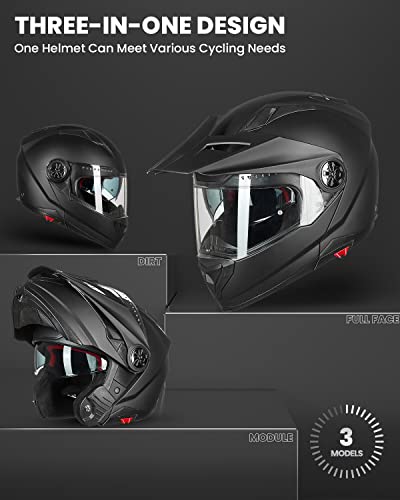 ILM Motorcycle Full Face Modular ATV Helmet Three in One Snowmobile Casco with Pinlock Anti Fog Visor for Men Women DOT Model-909F(Matte Black XXL)