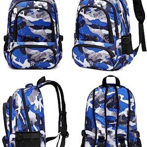 BLUEFAIRY Kids Backpack Boys Elementary School Bags Primary Middle School Book Bags for Teens Kindergarten Sturdy Waterproof Lightweight Durable Travel Gifts 17 Inch Ages 6-12 (Camo Blue)